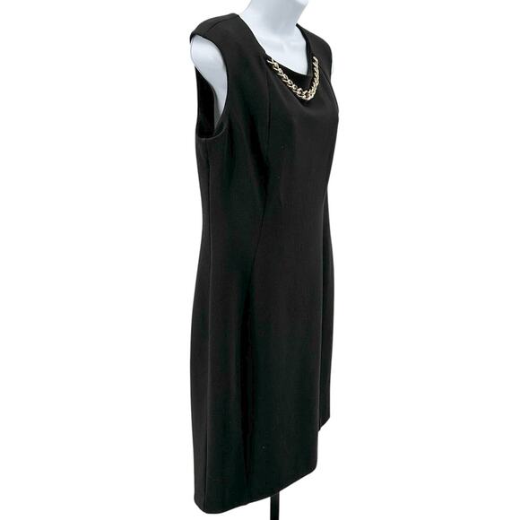 Calvin Klein Dress WMNS 12 Black W/ Chain At Neckline Sleeveless Sheath Stretch - Picture 2 of 8